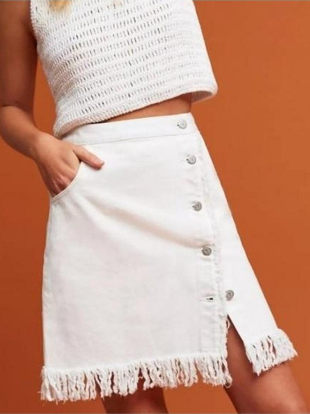 Pilcro White Fringe Button-Front Mini Skirt Size 6